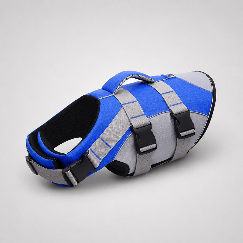 Blue reflective dachshund life jacket flat lay