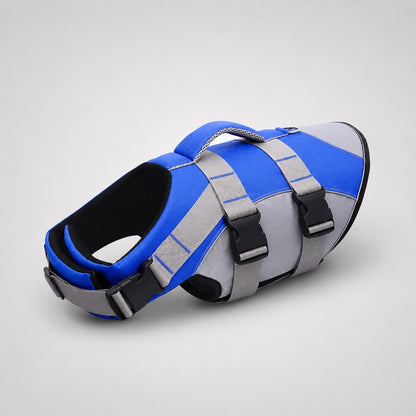 Blue reflective dachshund life jacket flat lay