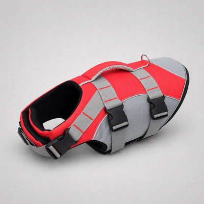 Red reflective dachshund life jacket flat lay
