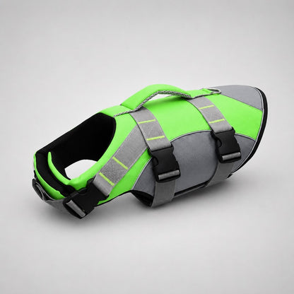 Green reflective dachshund life jacket flat lay