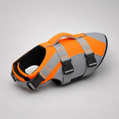 Orange reflective dachshund life jacket flat lay