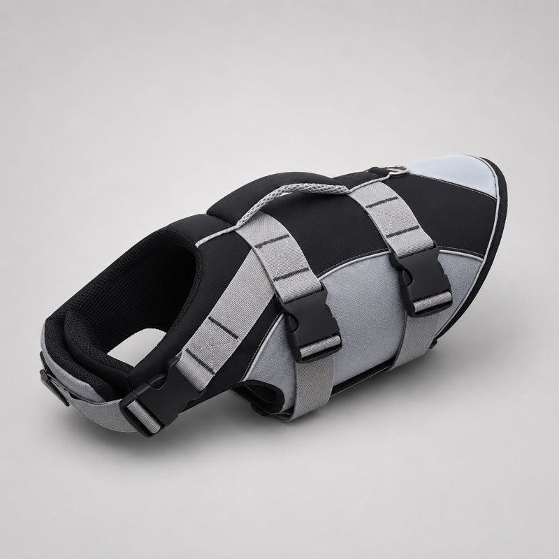 Black reflective dachshund life jacket flat lay