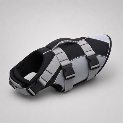 Black reflective dachshund life jacket flat lay