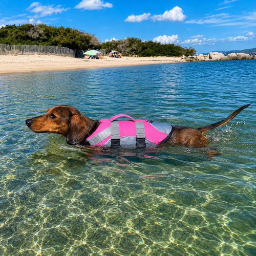Dachshund swimming wearing reflective life jacket