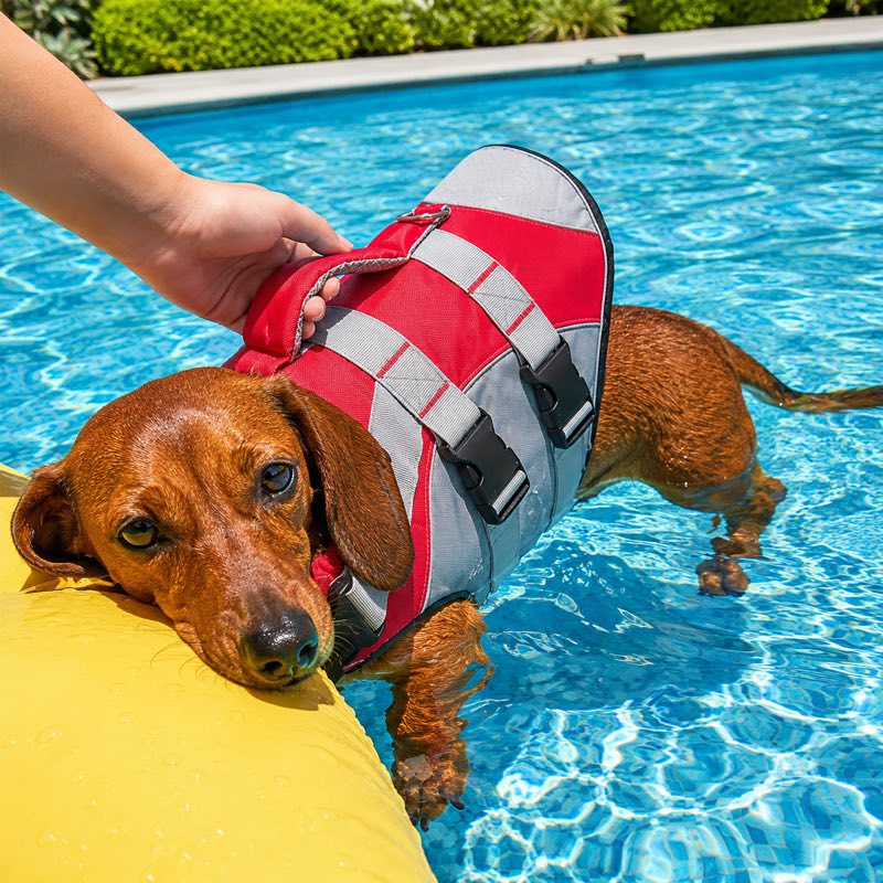 Dachshund lifestyle shot in reflective life jacket