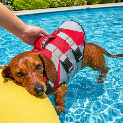 Dachshund lifestyle shot in reflective life jacket