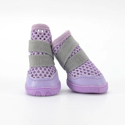 Summer Mesh Dachshund Shoes flat lay in Purple with gray velcro straps