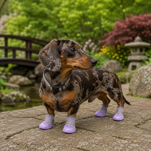 Dachshund wearing purple mesh shoes standing on garden path