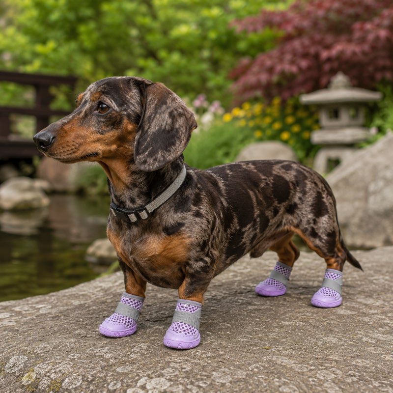 Dachshund in purple mesh shoes posing on a stone in a Japanese garden