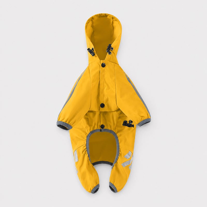 Waterproof Dachshund Jumpsuit, flat lay front view with hood