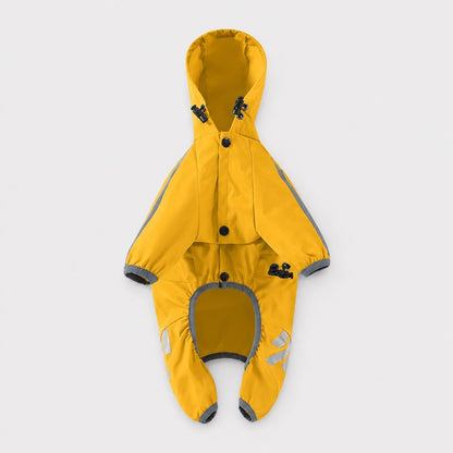 Waterproof Dachshund Jumpsuit, flat lay front view with hood