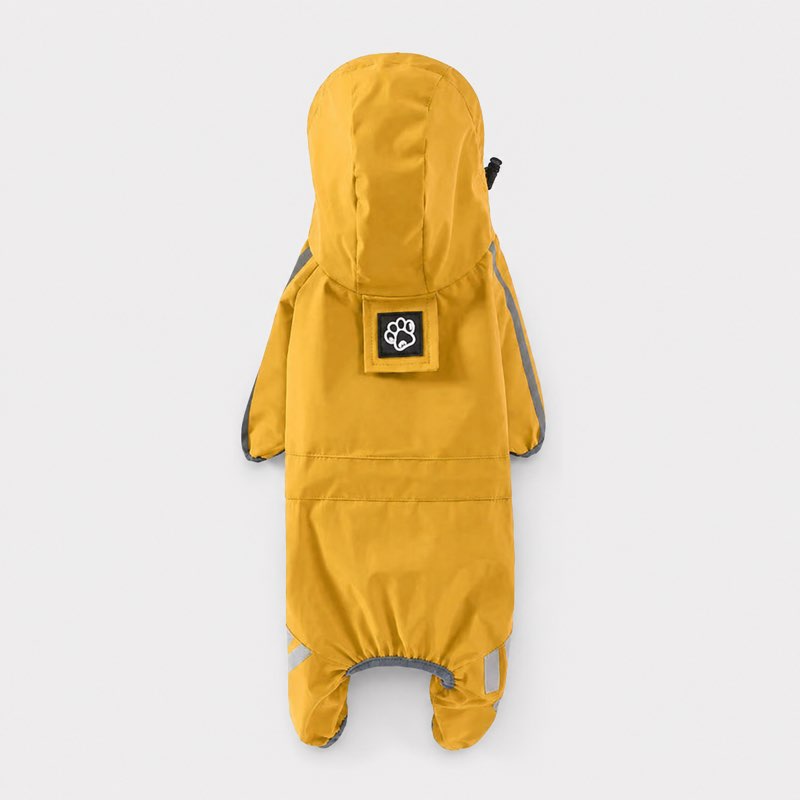 Waterproof Dachshund Jumpsuit, flat lay back view with paw patch